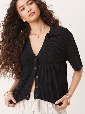 Abercrombie & Fitch Black Textured Short-Sleeve Cardigan